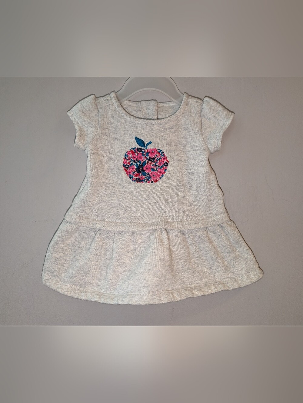 🍎 Gymboree Gray Baby Sweatshirt Dress with Pink Floral Apple Embroidery 0-3